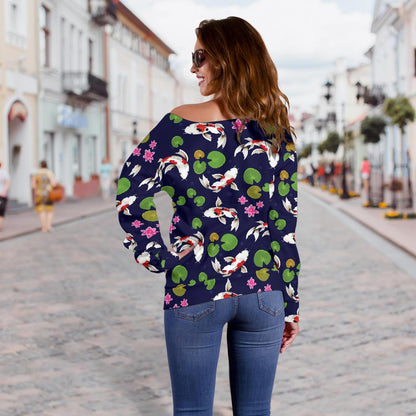 Koi Carp Pattern Design Themed Print Off Shoulder Sweatshirt