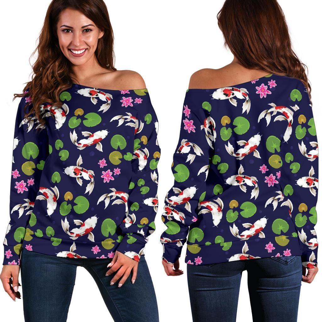 Koi Carp Pattern Design Themed Print Off Shoulder Sweatshirt