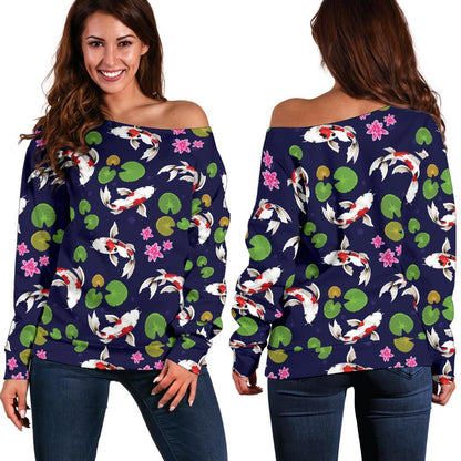 Koi Carp Pattern Design Themed Print Off Shoulder Sweatshirt