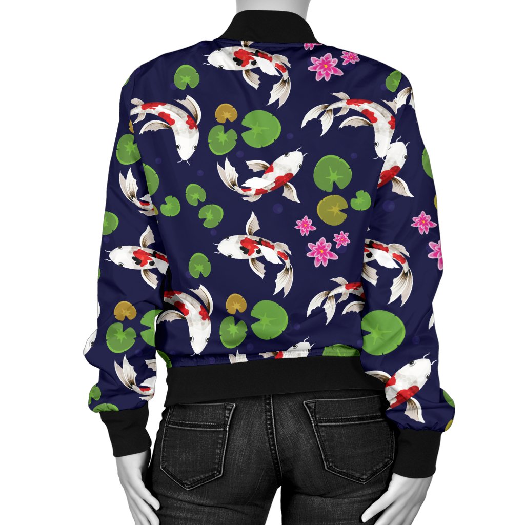 Koi Carp Pattern Design Themed Print Women Casual Bomber Jacket