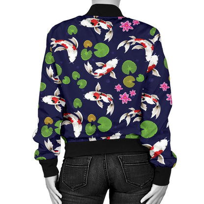 Koi Carp Pattern Design Themed Print Women Casual Bomber Jacket