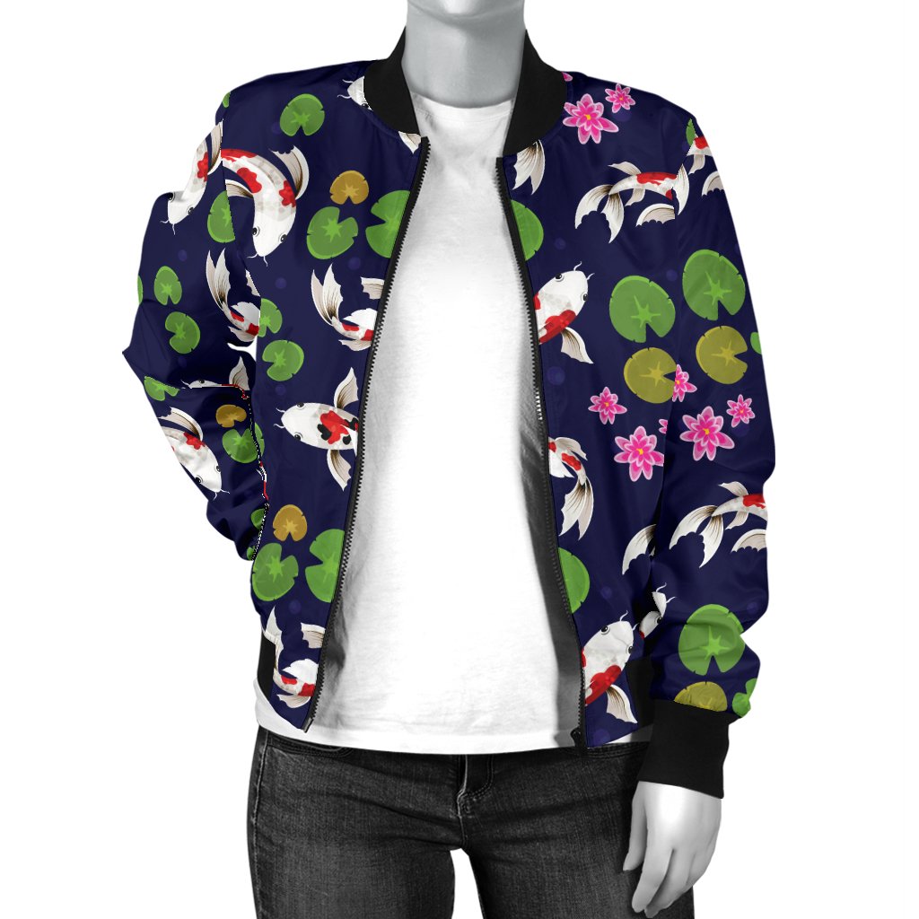 Koi Carp Pattern Design Themed Print Women Casual Bomber Jacket