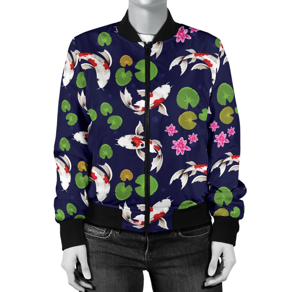 Koi Carp Pattern Design Themed Print Women Casual Bomber Jacket
