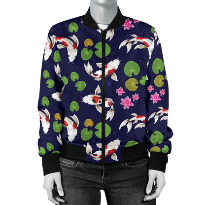 Koi Carp Pattern Design Themed Print Women Casual Bomber Jacket
