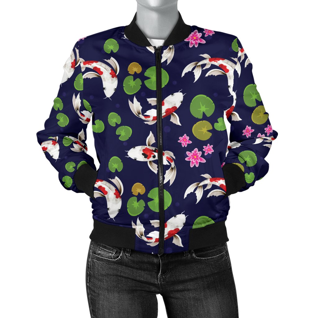 Koi Carp Pattern Design Themed Print Women Casual Bomber Jacket