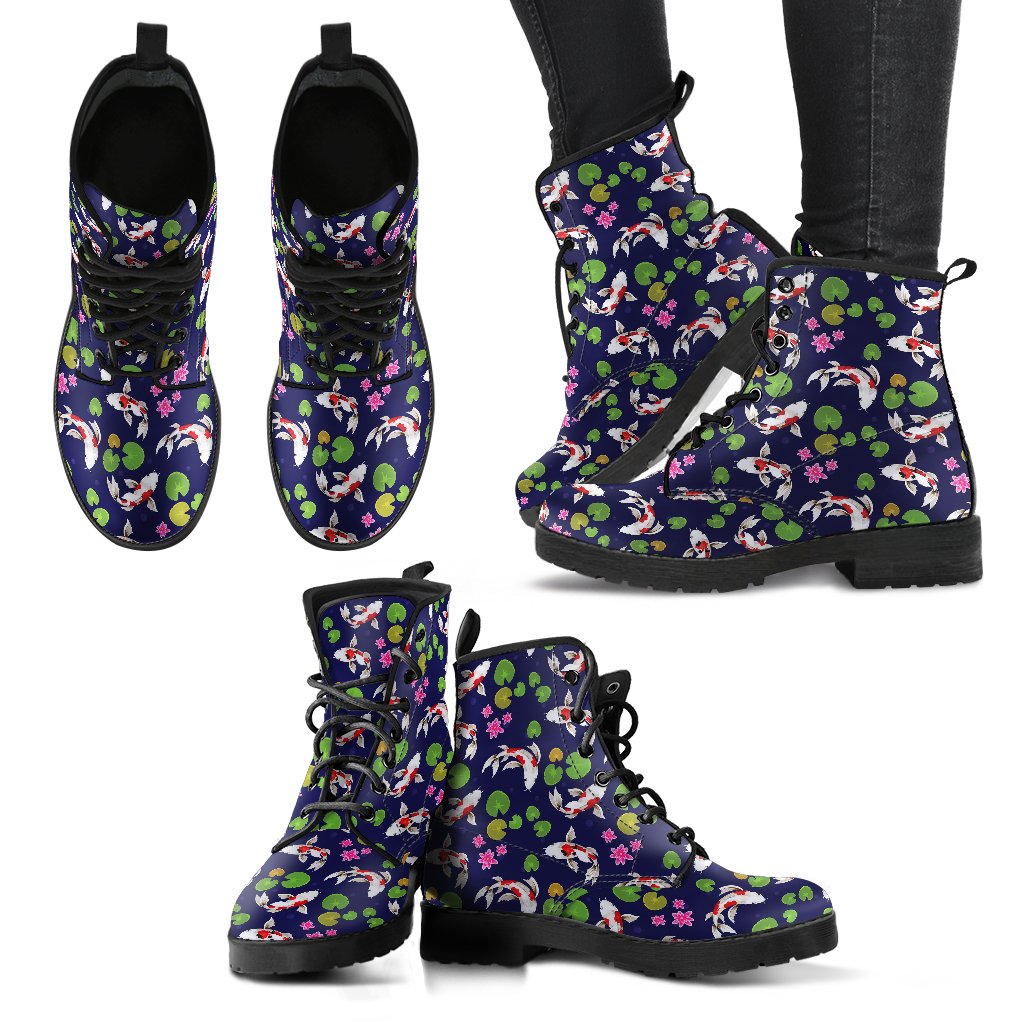 Koi Carp Pattern Design Themed Print Women Leather Boots-JTAMIGO.COM