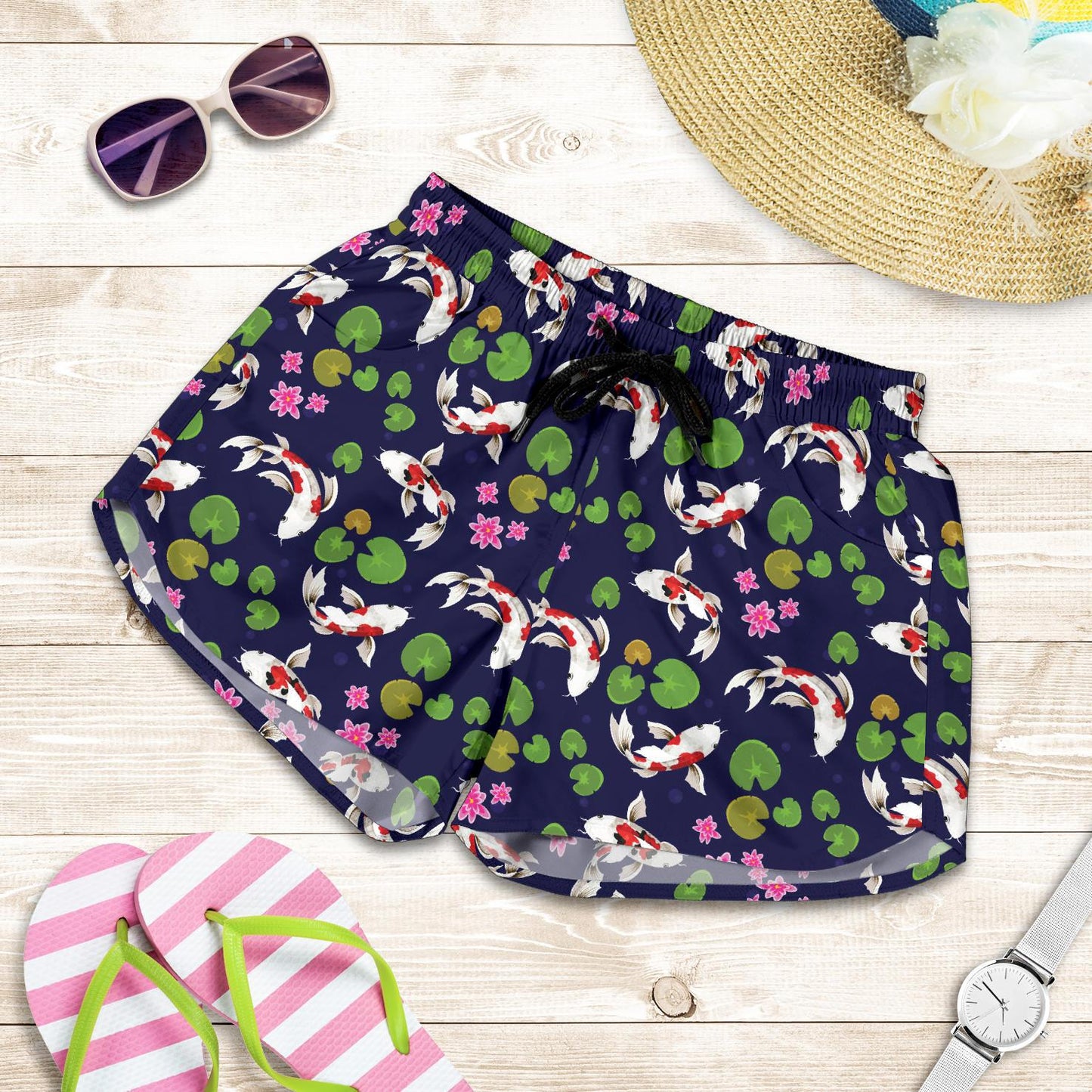 Koi Carp Pattern Design Themed Print Women Shorts-JTAMIGO.COM