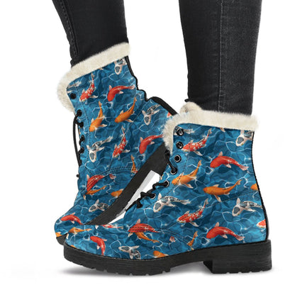 Koi Carp Water Design Themed Print Faux Fur Leather Boots-JTAMIGO.COM