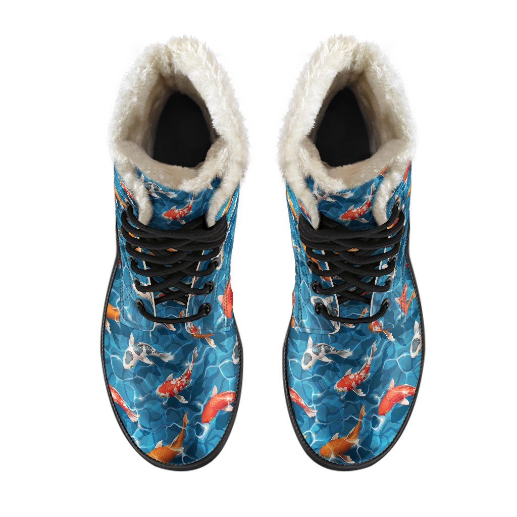 Koi Carp Water Design Themed Print Faux Fur Leather Boots-JTAMIGO.COM