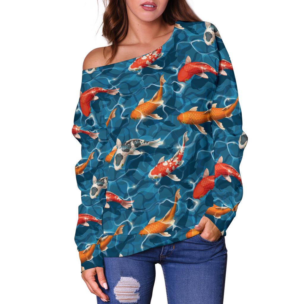 Koi Carp Water Design Themed Print Off Shoulder Sweatshirt