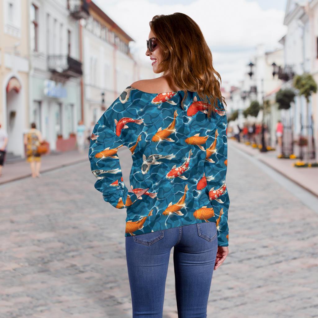 Koi Carp Water Design Themed Print Off Shoulder Sweatshirt