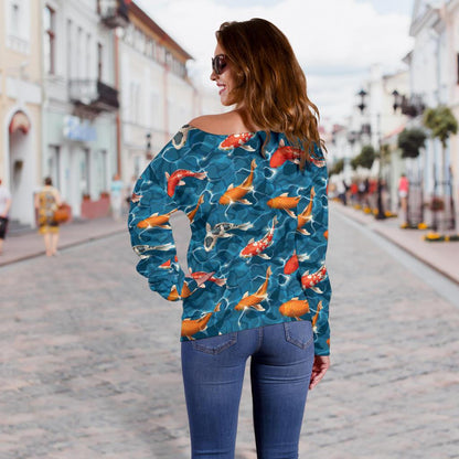 Koi Carp Water Design Themed Print Off Shoulder Sweatshirt