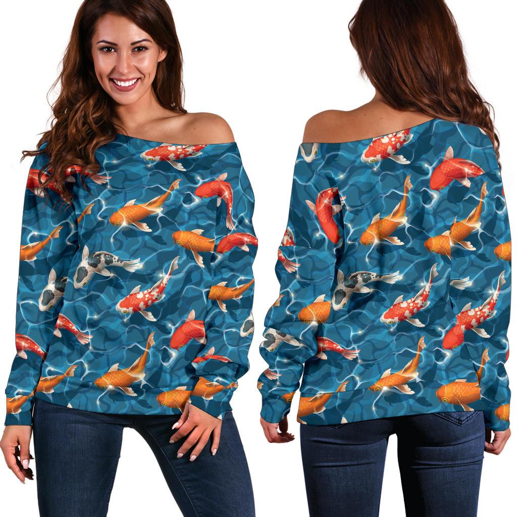 Koi Carp Water Design Themed Print Off Shoulder Sweatshirt