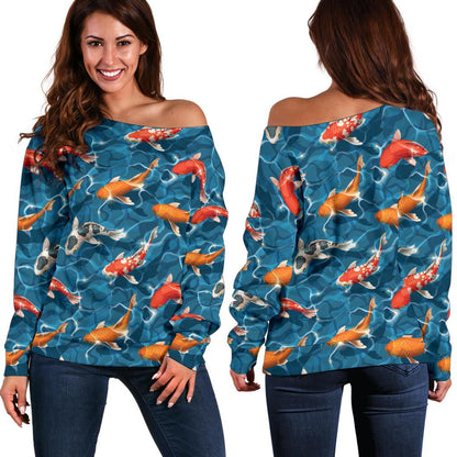 Koi Carp Water Design Themed Print Off Shoulder Sweatshirt