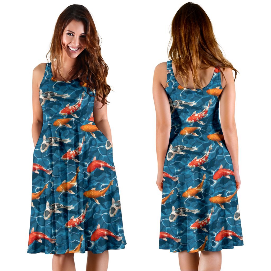 Koi Carp Water Design Themed Print Sleeveless Dress