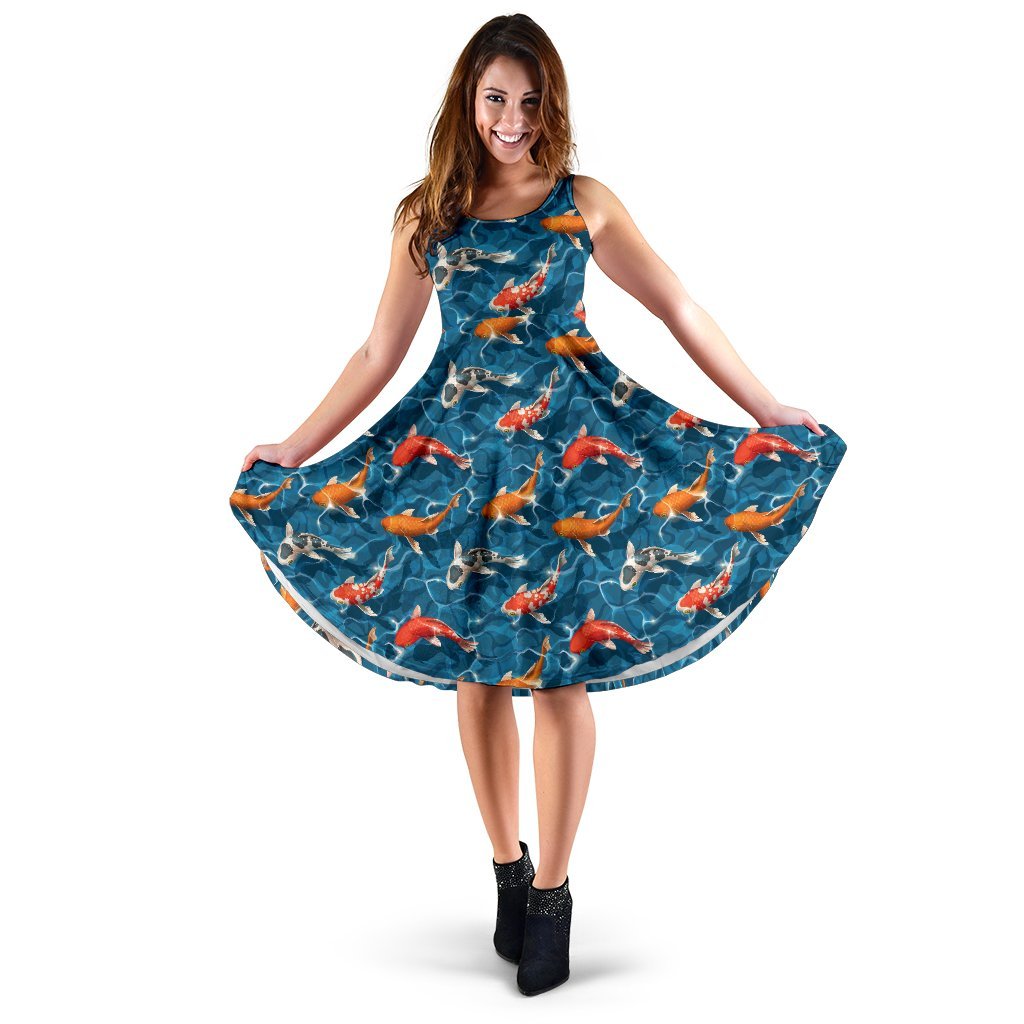 Koi Carp Water Design Themed Print Sleeveless Dress