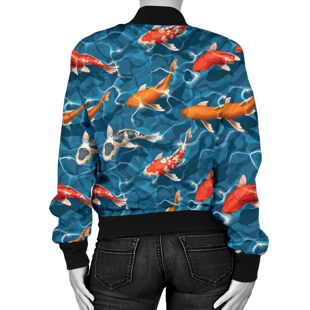 Koi Carp Water Design Themed Print Women Casual Bomber Jacket