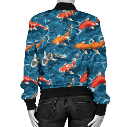 Koi Carp Water Design Themed Print Women Casual Bomber Jacket