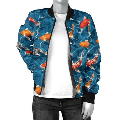 Koi Carp Water Design Themed Print Women Casual Bomber Jacket