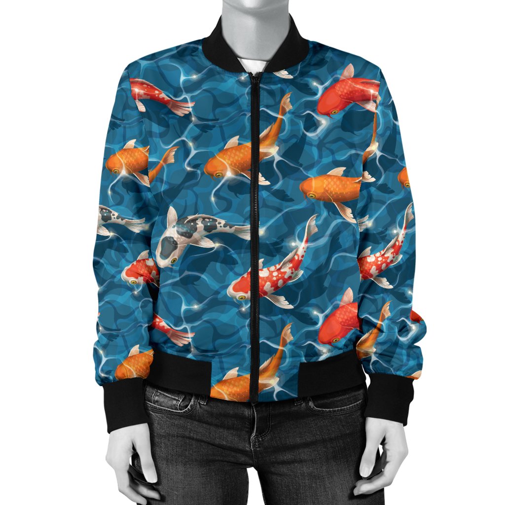 Koi Carp Water Design Themed Print Women Casual Bomber Jacket