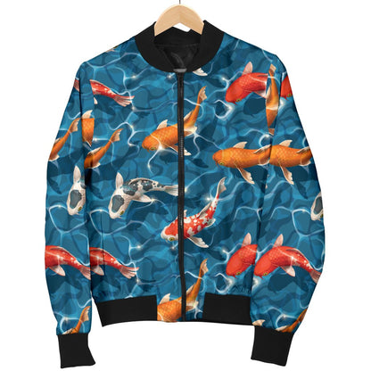 Koi Carp Water Design Themed Print Women Casual Bomber Jacket