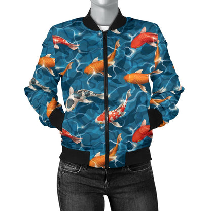 Koi Carp Water Design Themed Print Women Casual Bomber Jacket