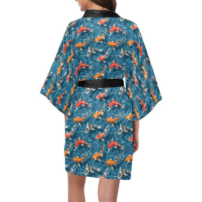 Koi Carp Water Design Themed Print Women Short Kimono Robe