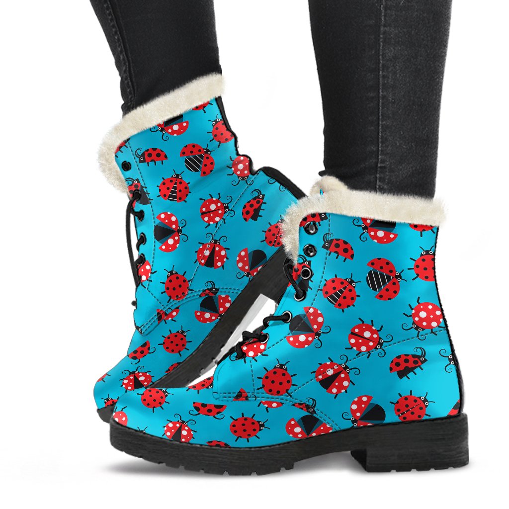 Ladybug Action Print Pattern Faux Fur Leather Boots-JTAMIGO.COM