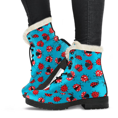 Ladybug Action Print Pattern Faux Fur Leather Boots-JTAMIGO.COM
