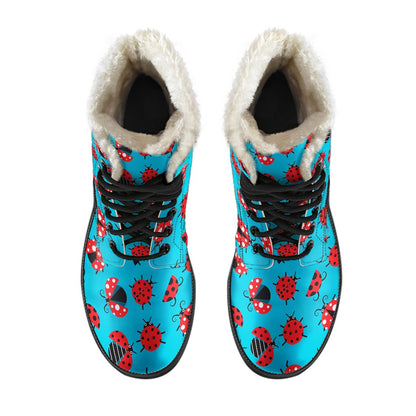 Ladybug Action Print Pattern Faux Fur Leather Boots-JTAMIGO.COM
