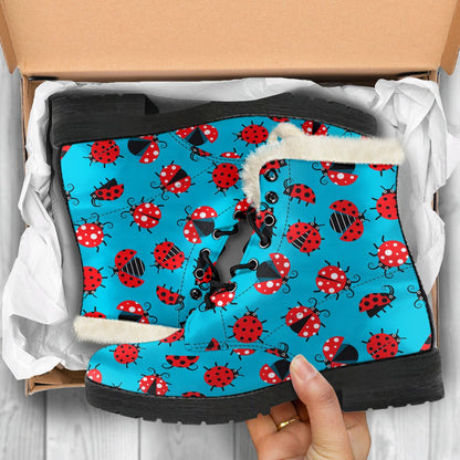 Ladybug Action Print Pattern Faux Fur Leather Boots-JTAMIGO.COM