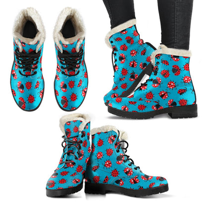 Ladybug Action Print Pattern Faux Fur Leather Boots-JTAMIGO.COM