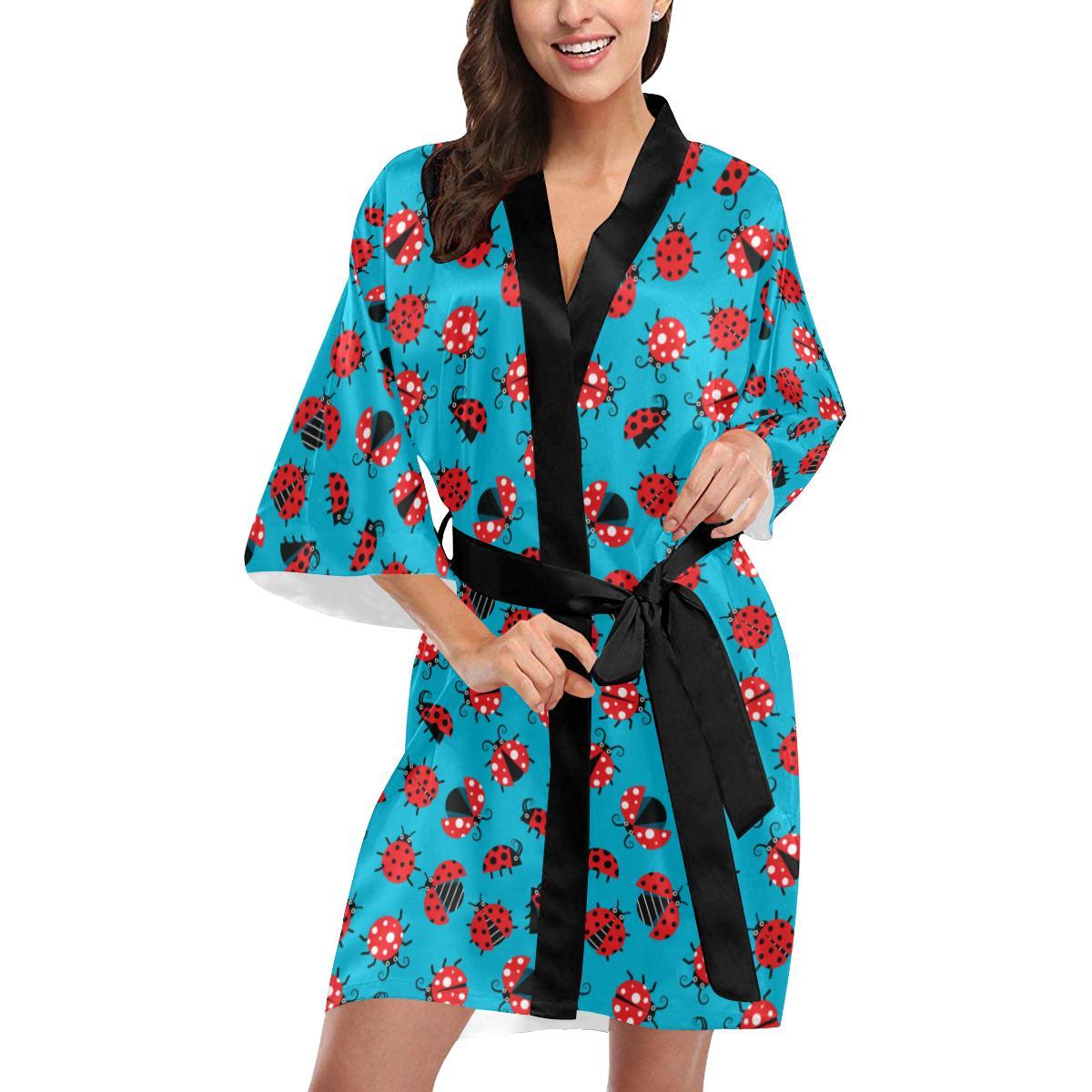 Ladybug Action Print Pattern Women Short Kimono Robe