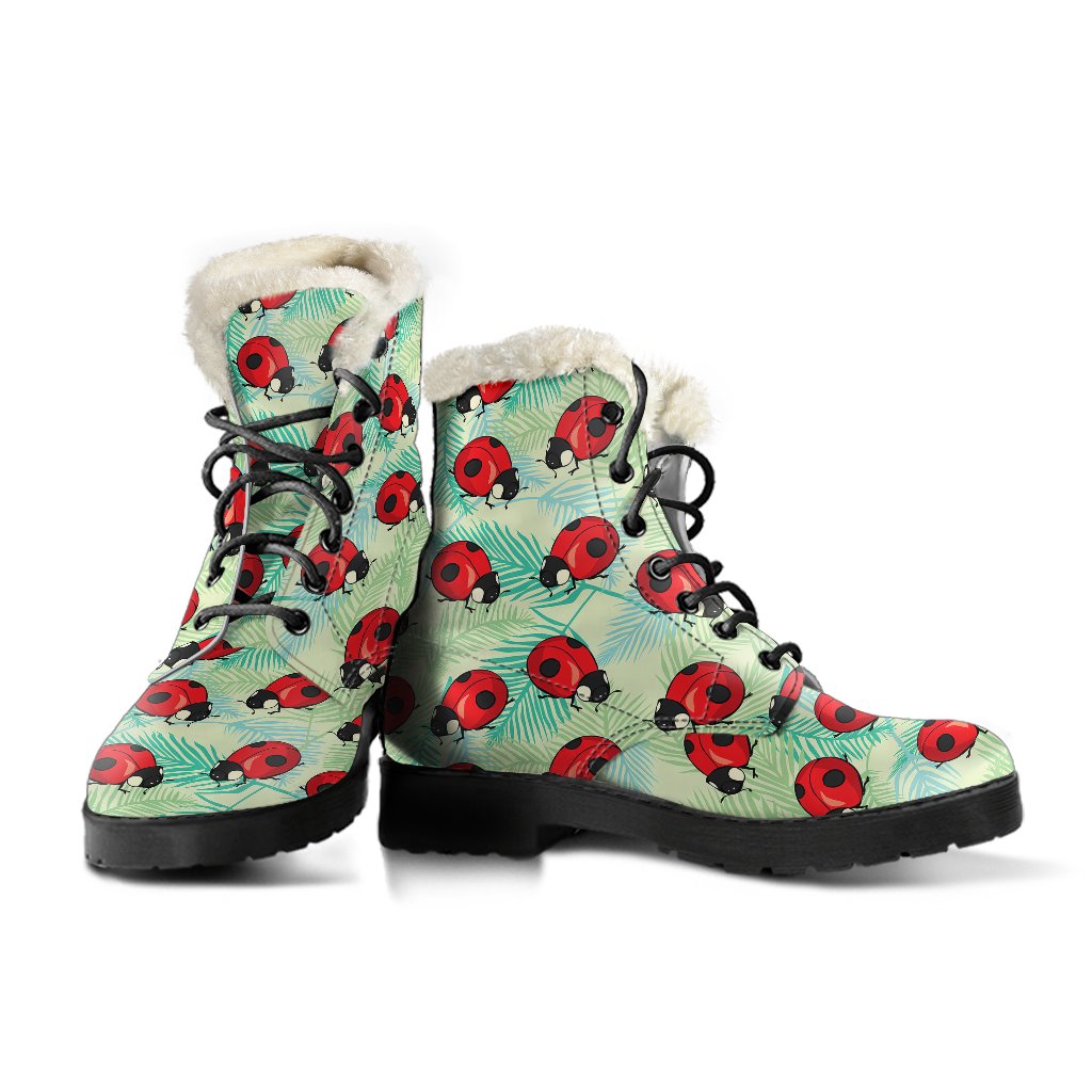 Ladybug Cute Print Pattern Faux Fur Leather Boots-JTAMIGO.COM