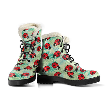 Ladybug Cute Print Pattern Faux Fur Leather Boots-JTAMIGO.COM