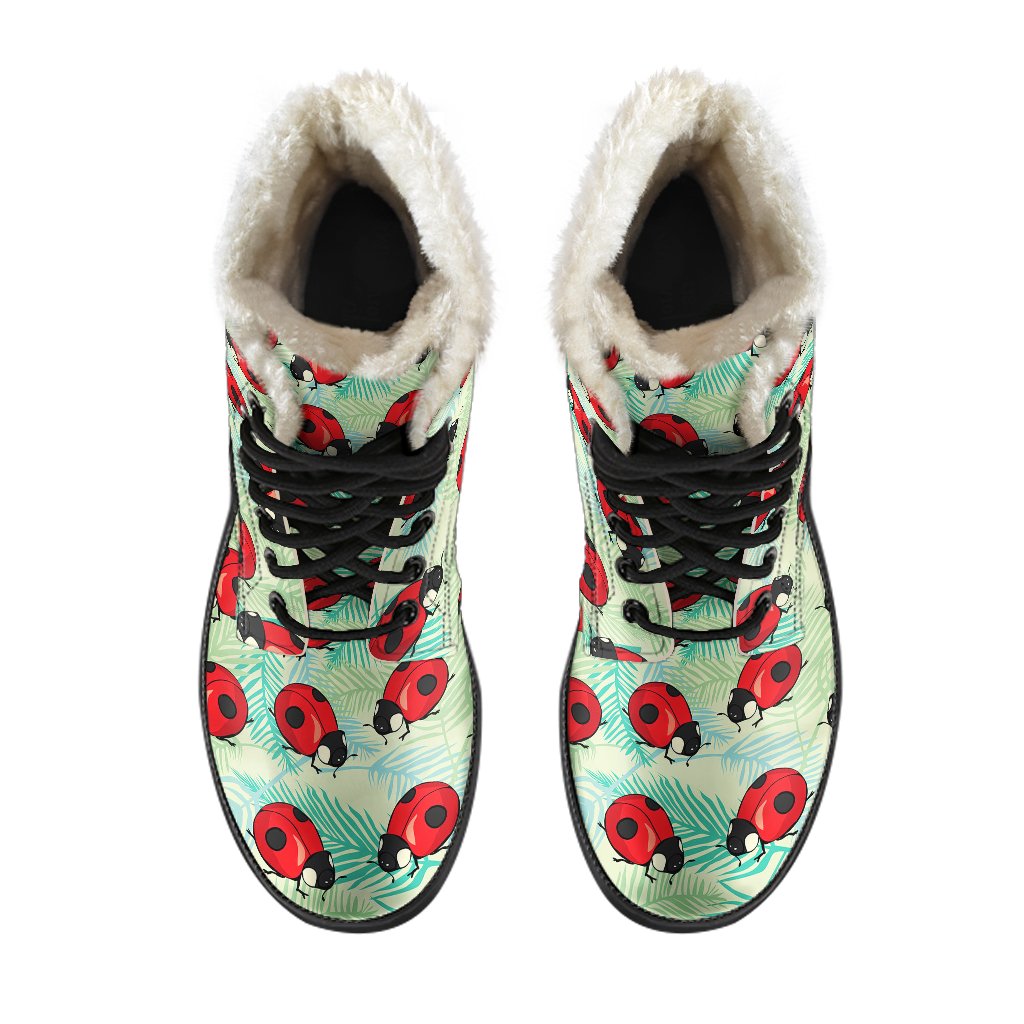 Ladybug Cute Print Pattern Faux Fur Leather Boots-JTAMIGO.COM