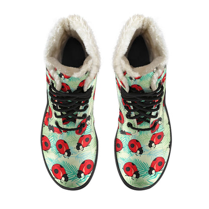 Ladybug Cute Print Pattern Faux Fur Leather Boots-JTAMIGO.COM