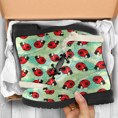 Ladybug Cute Print Pattern Faux Fur Leather Boots-JTAMIGO.COM