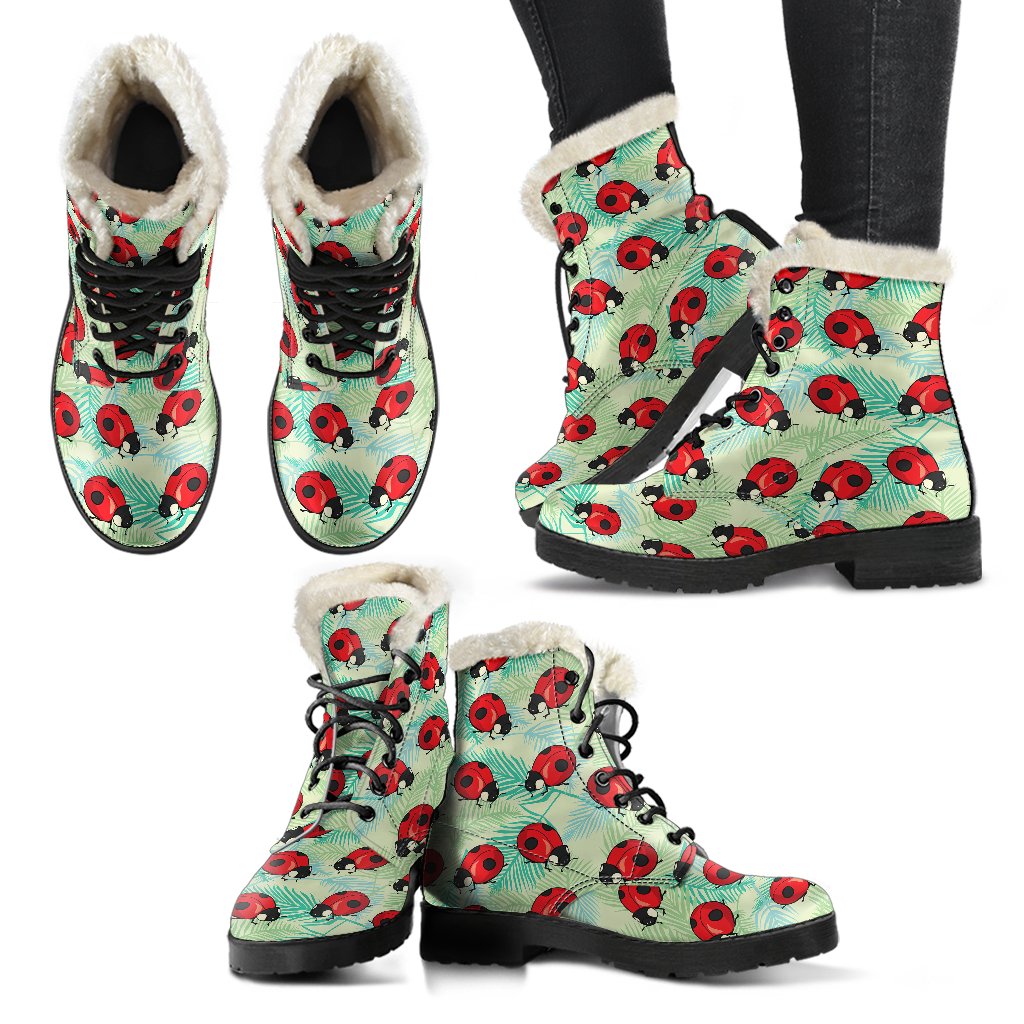 Ladybug Cute Print Pattern Faux Fur Leather Boots-JTAMIGO.COM