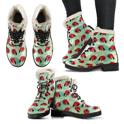 Ladybug Cute Print Pattern Faux Fur Leather Boots-JTAMIGO.COM