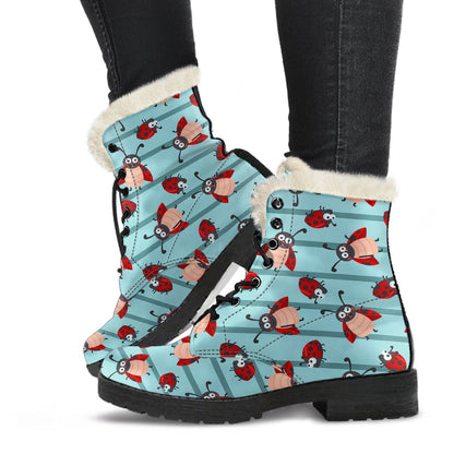 Ladybug Happy Print Pattern Faux Fur Leather Boots-JTAMIGO.COM