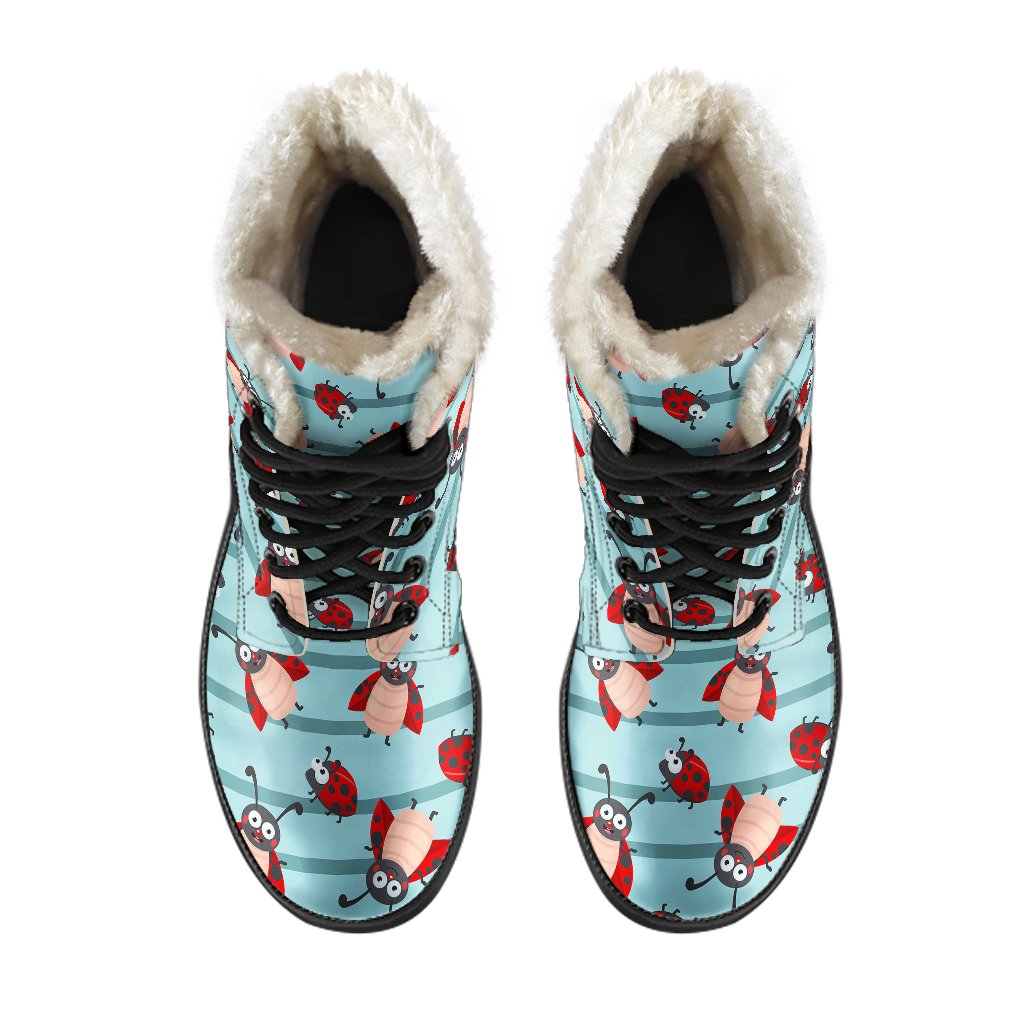 Ladybug Happy Print Pattern Faux Fur Leather Boots-JTAMIGO.COM