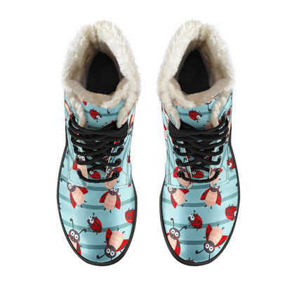 Ladybug Happy Print Pattern Faux Fur Leather Boots-JTAMIGO.COM