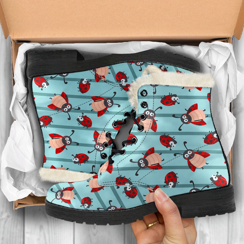 Ladybug Happy Print Pattern Faux Fur Leather Boots-JTAMIGO.COM