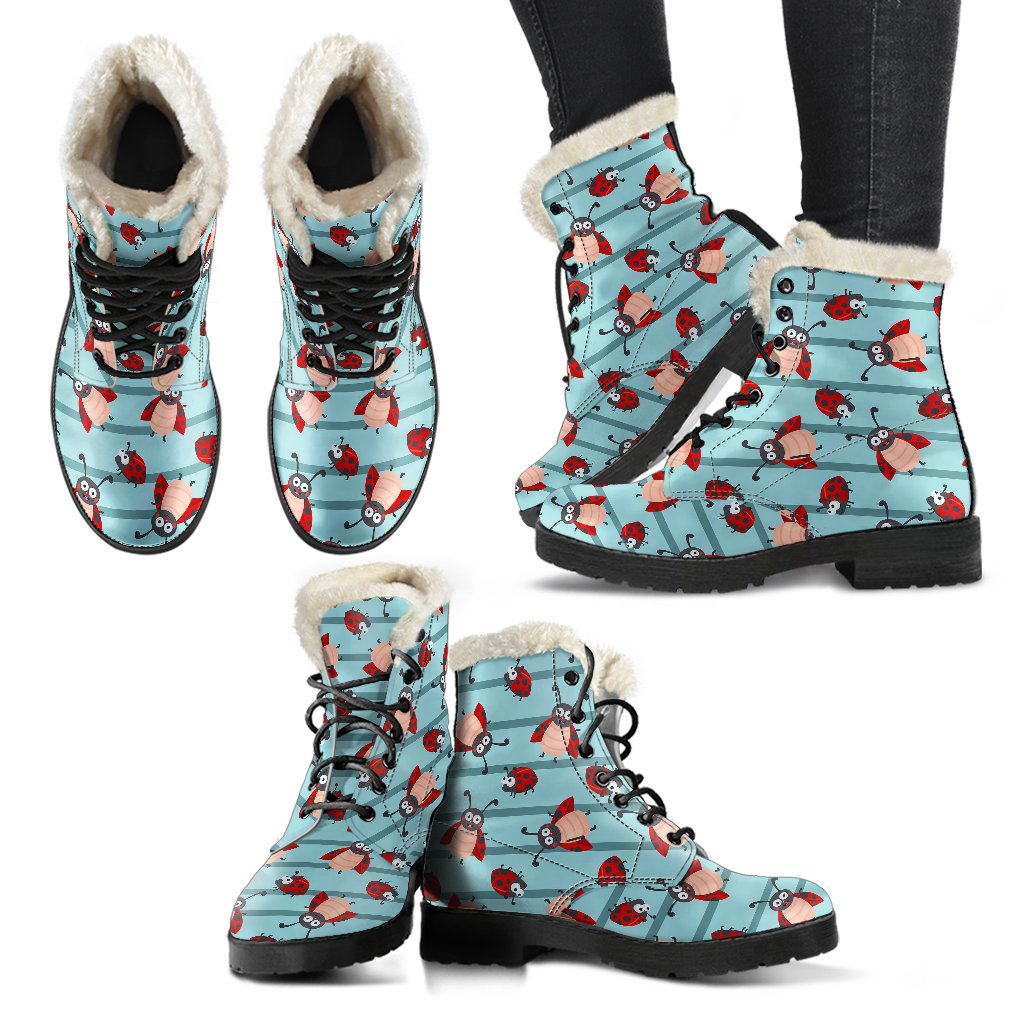 Ladybug Happy Print Pattern Faux Fur Leather Boots-JTAMIGO.COM