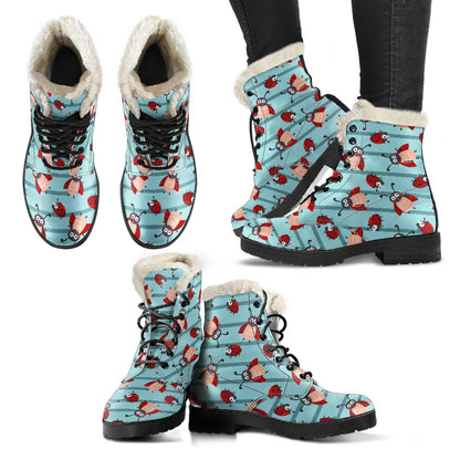 Ladybug Happy Print Pattern Faux Fur Leather Boots-JTAMIGO.COM