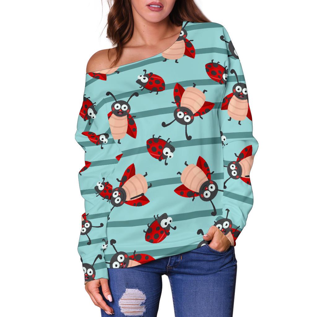Ladybug Happy Print Pattern Off Shoulder Sweatshirt