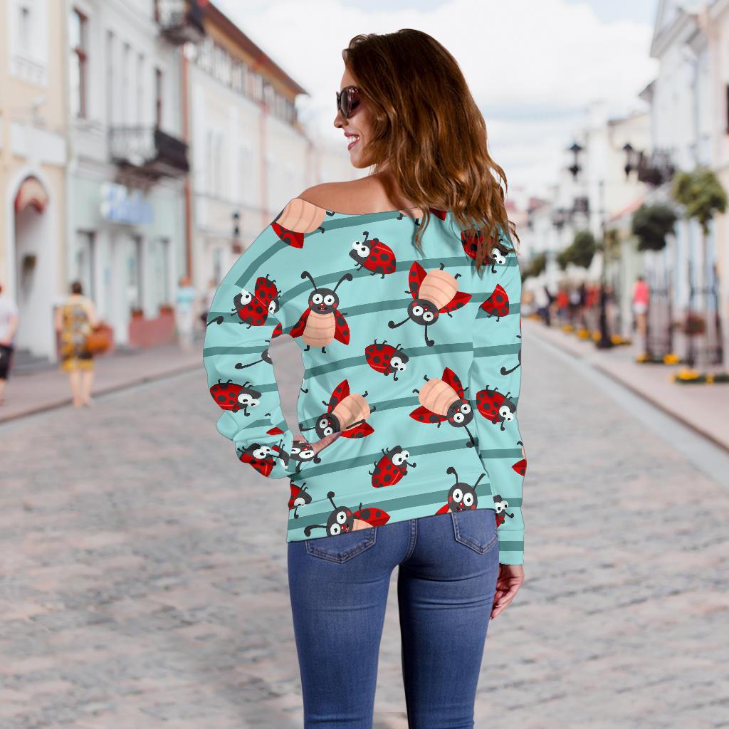 Ladybug Happy Print Pattern Off Shoulder Sweatshirt
