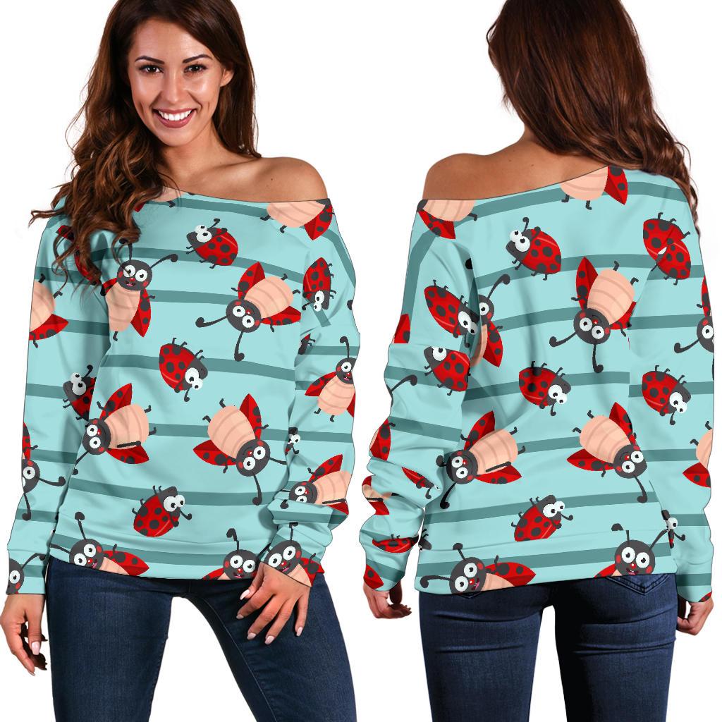 Ladybug Happy Print Pattern Off Shoulder Sweatshirt