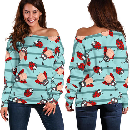 Ladybug Happy Print Pattern Off Shoulder Sweatshirt